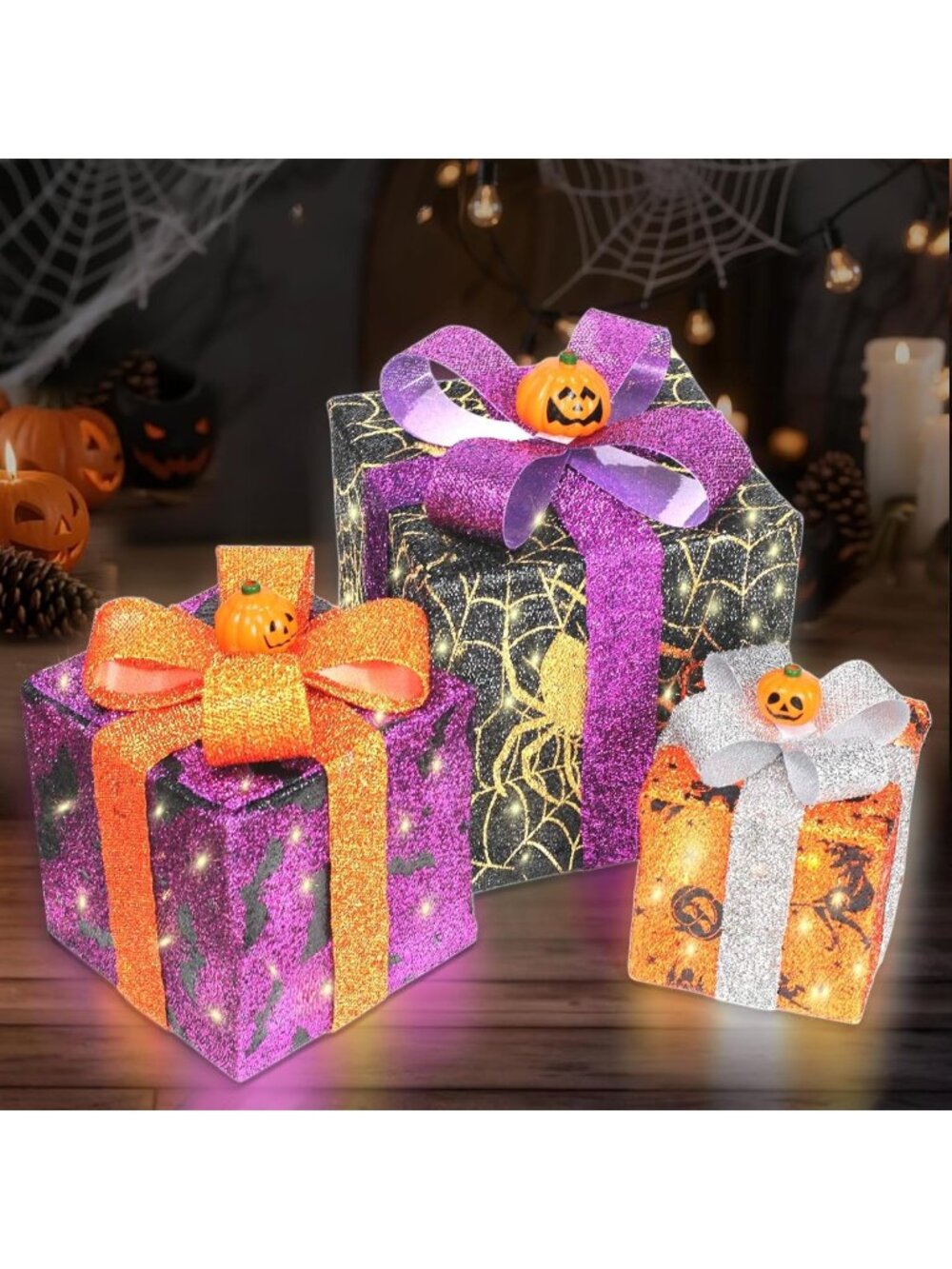 Lighted Halloween Decoration Boxes - Bat, Spider Web & Pumpkin Prints, Foldable